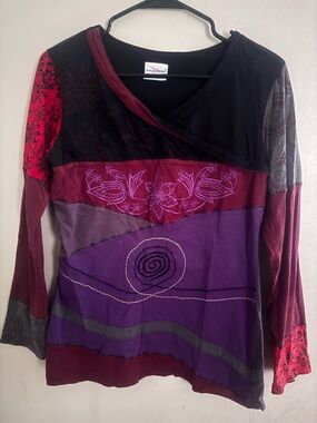 Bohemian Patchwork Long-Sleeve Top in Purple and Burgundy